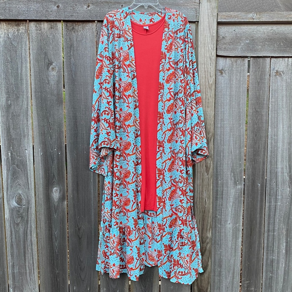 Light Blue & Coral Floral Kimono Robe